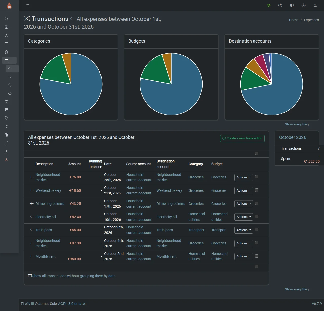 Recorded household expenses with categories, accounts and amounts in dark theme