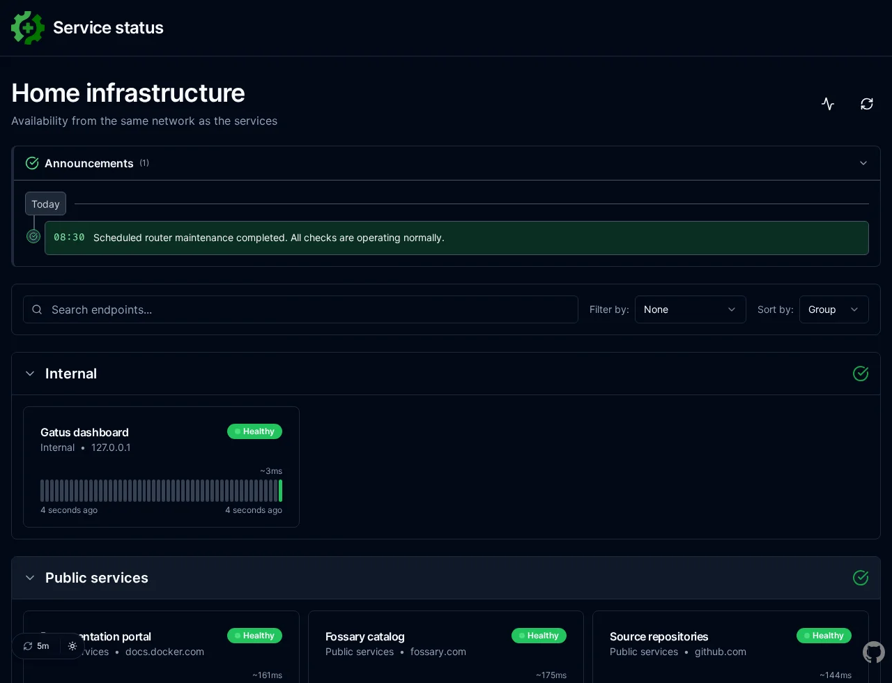 Gatus dashboard grouping healthy infrastructure and public service checks in dark mode