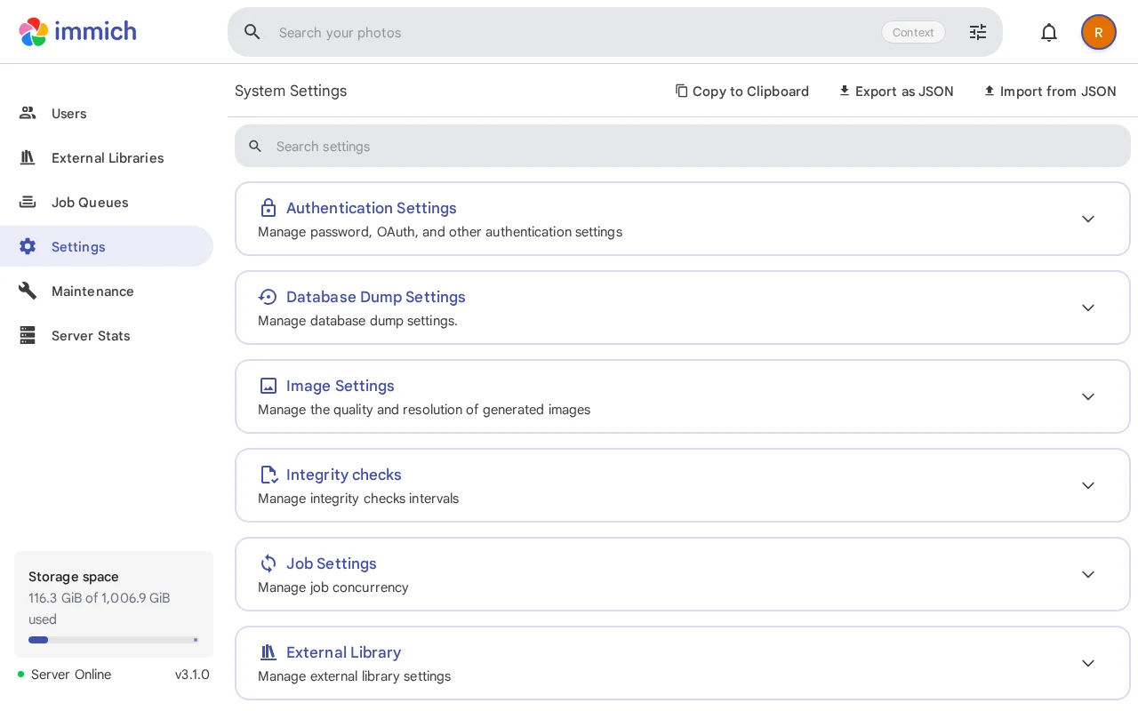 Machine learning settings in the admin panel with smart search, duplicate detection, facial recognition, and OCR sections