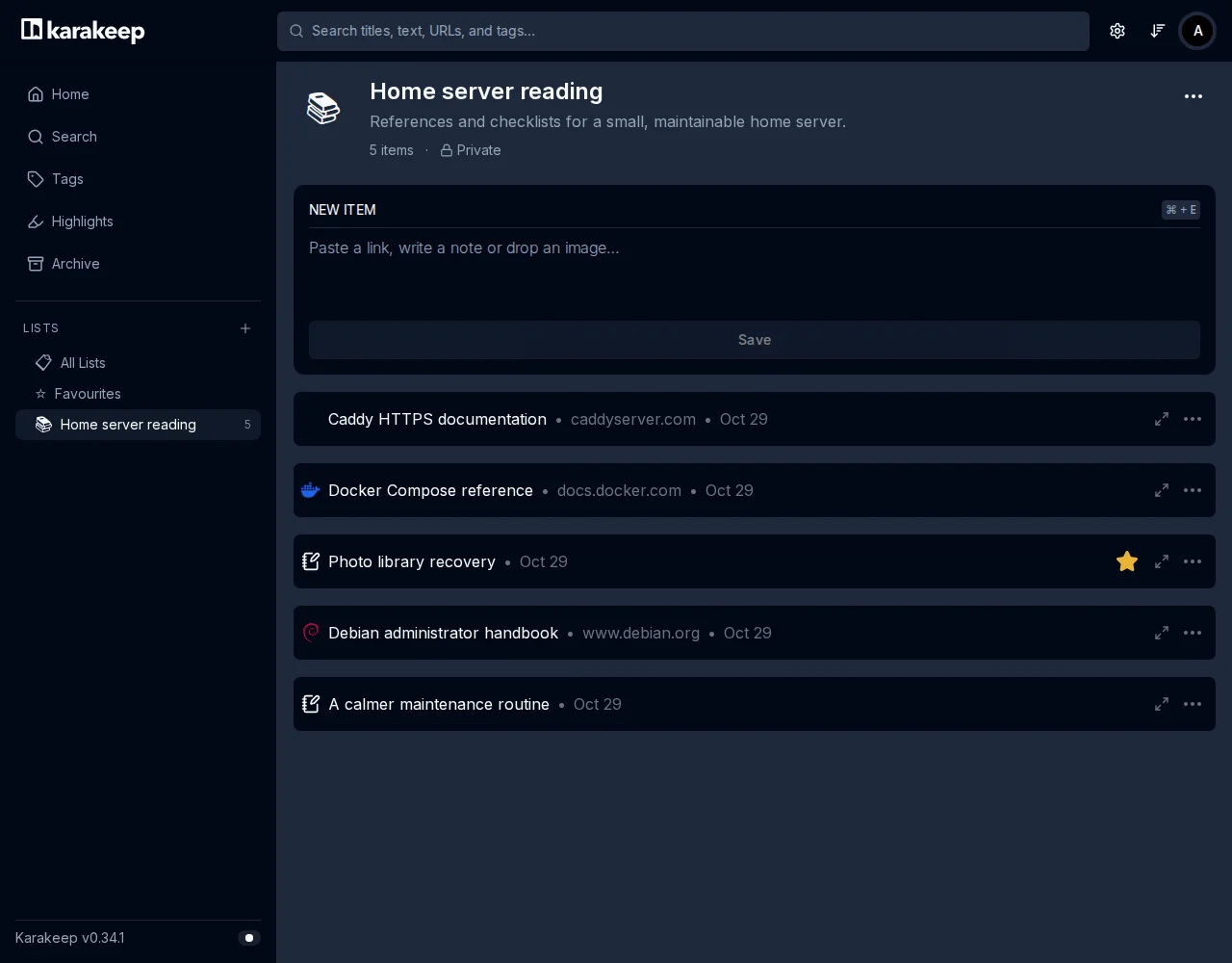 A Karakeep reading list with curated bookmarks and notes in dark mode