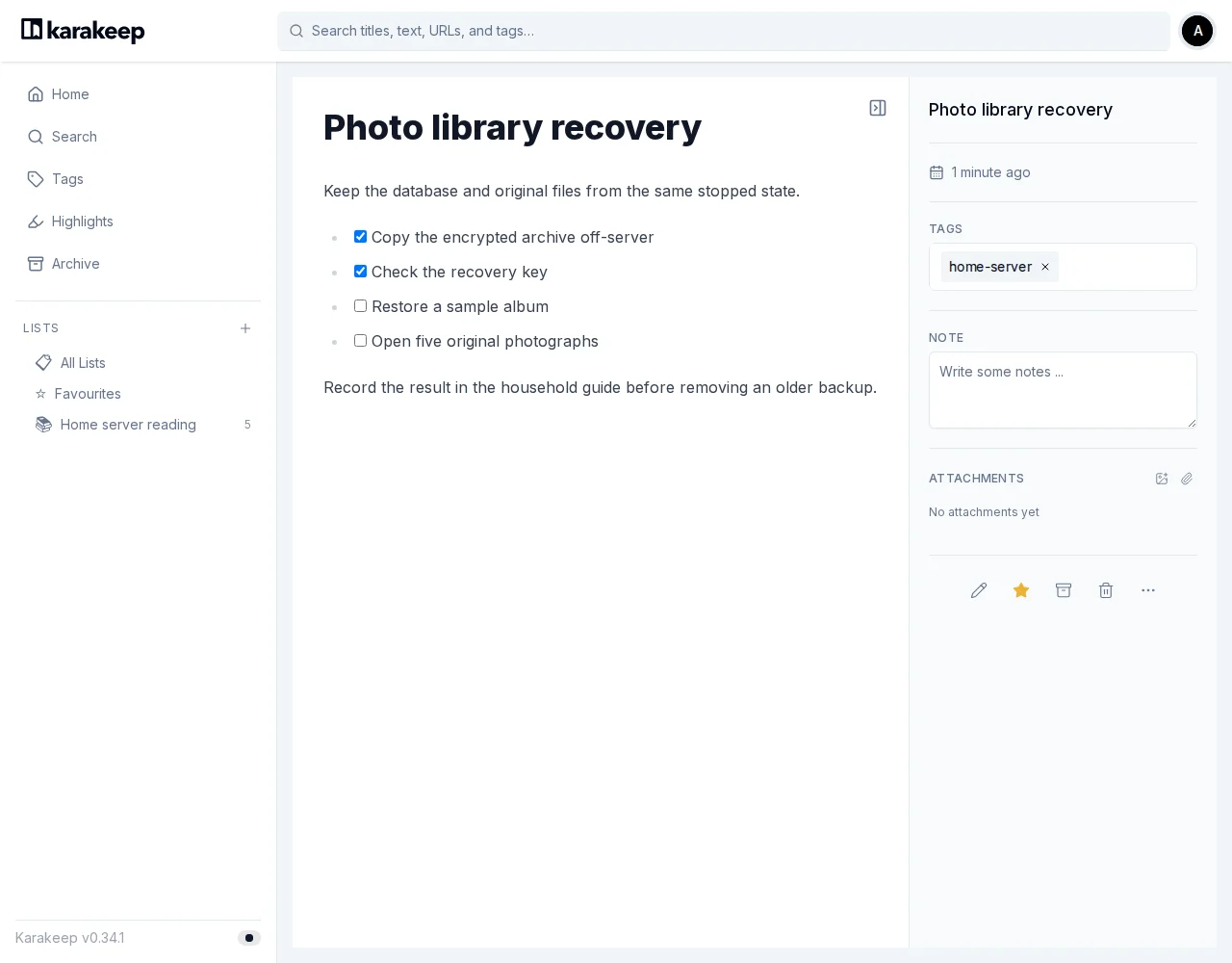 A saved Karakeep recovery note with its Markdown checklist and tags