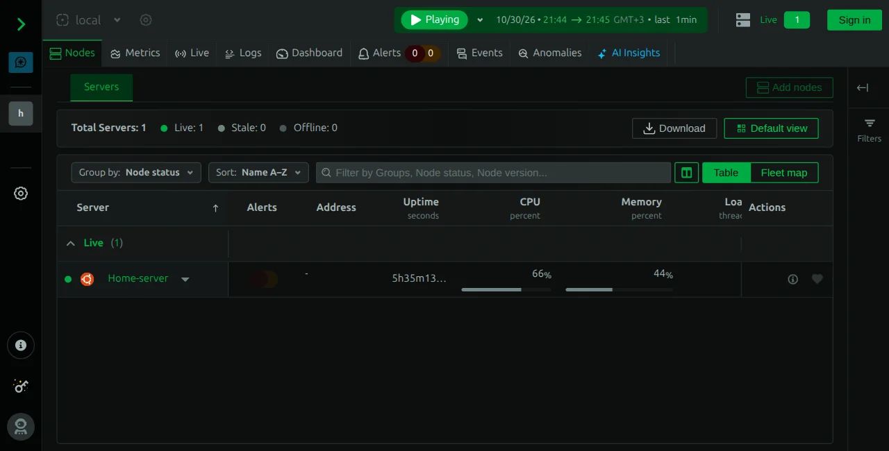 Netdata local node table showing the monitored host and real resource measurements in its default dark theme