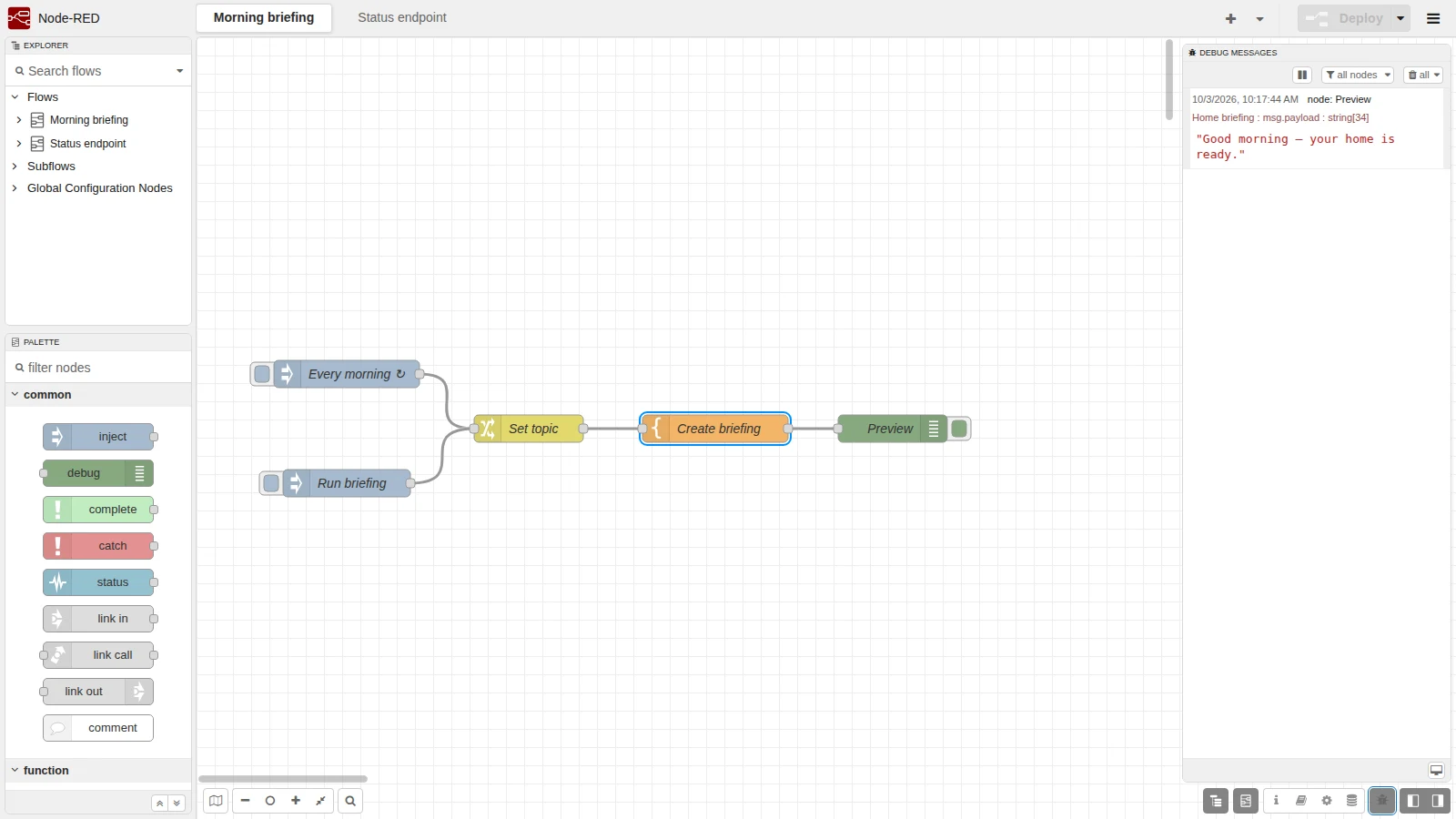 Node-RED workflow editor with the Morning briefing flow selected