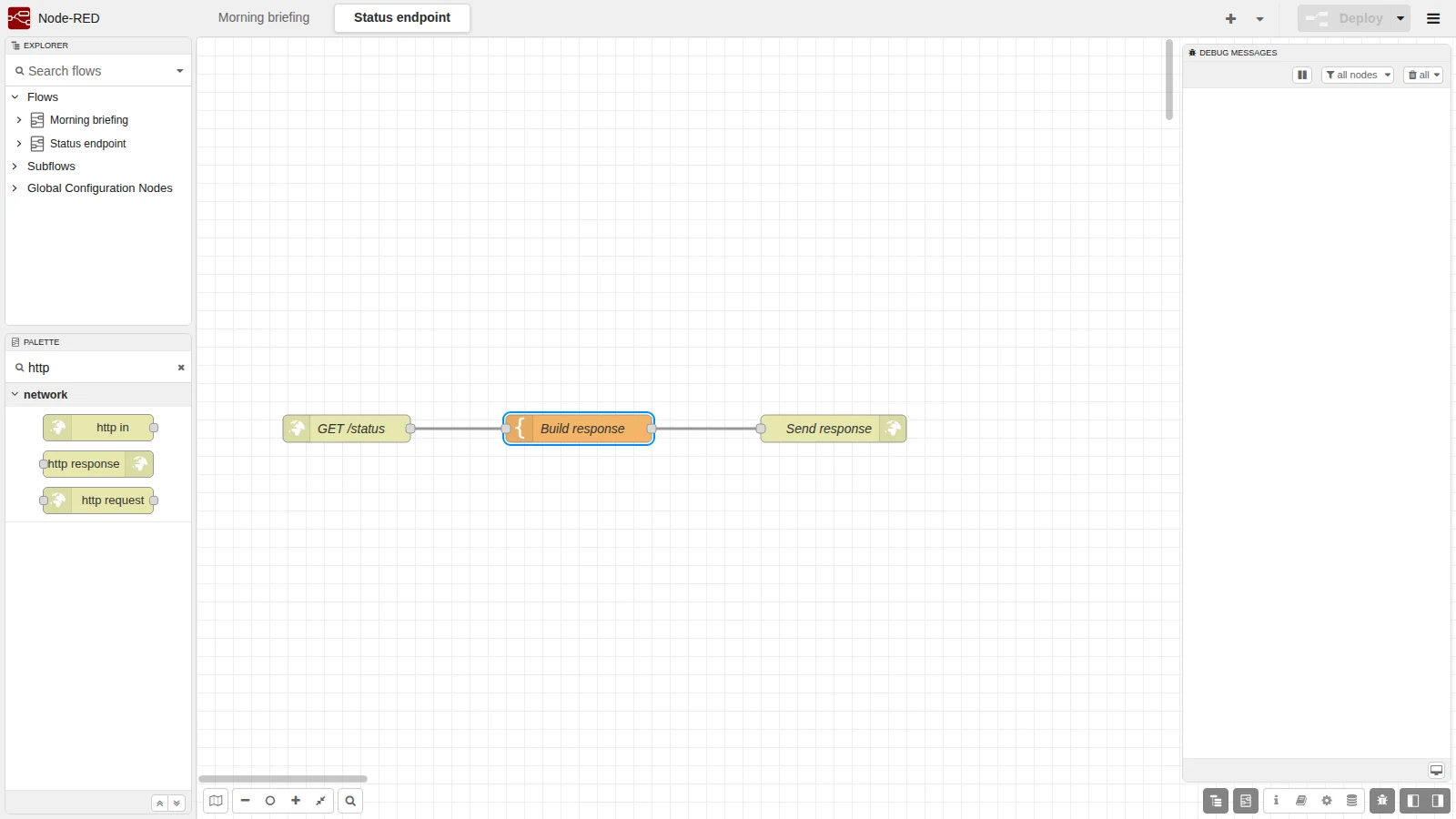Node-RED editor showing the built-in palette beside a workflow canvas
