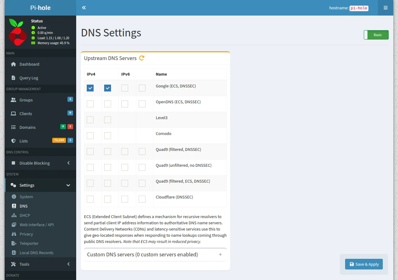 Pi-hole DNS settings showing selectable upstream resolver providers
