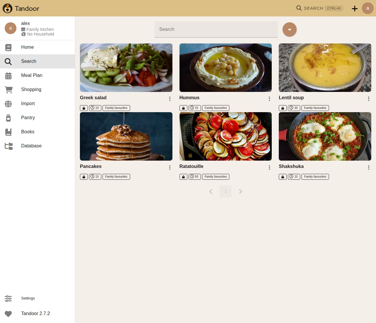 Tandoor household recipe collection with food photographs and preparation times in light theme
