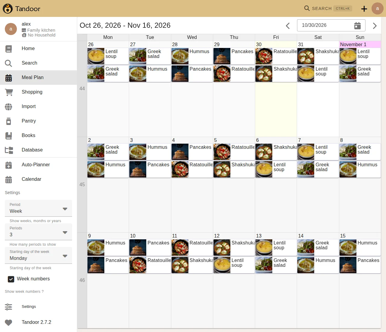 Tandoor meal calendar with three weeks of lunches and dinners in light theme