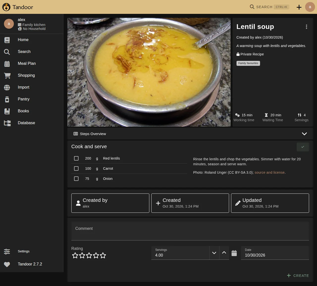 A populated Tandoor recipe with ingredients and cooking instructions in dark theme