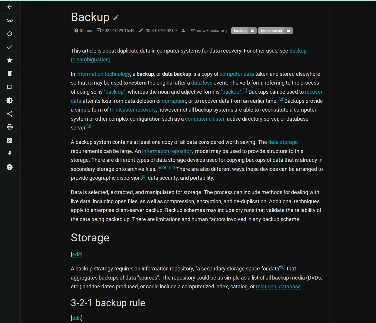 A saved article opened in the Wallabag reader in dark mode