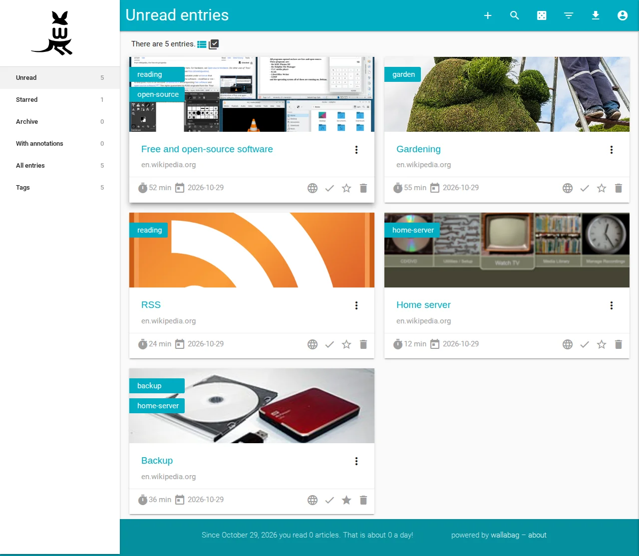 Wallabag unread library with saved articles, reading times, and tags in light mode